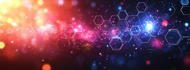 Hexagonal network with glowing particles and colorful bokeh