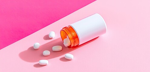 Pills spill from open bottle, bright pink backdrop