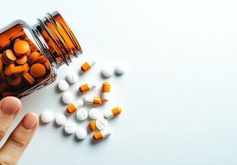 Amber bottle spills pills onto white surface