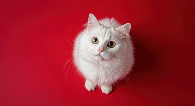 Whiskered Wonder: A pristine white cat sits attentively, its gaze fixed upward, set against a vibrant, solid red backdrop, exuding an air of pure innocence.