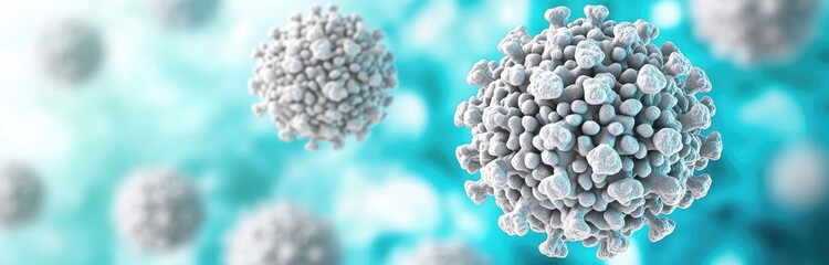 White virus cells, teal bokeh backdrop