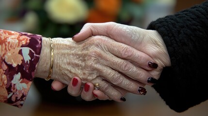 Two hands meet in a handshake; floral, warm tones behind