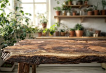 Rustic wood table, blurred plants backdrop, light & airy
