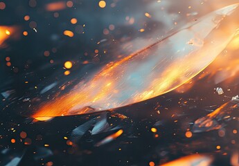 Shattered glass and fiery light particles float abstractly