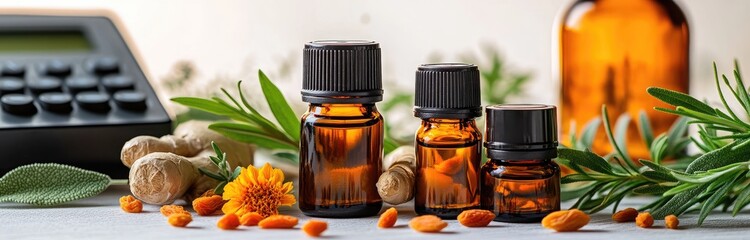 Amber dropper bottles amid herbs, spices and a calculator