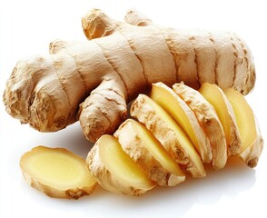 Sliced and whole ginger root, showing tan skin and yellow inside
