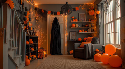 Naklejka premium Spacious Room Decorated in Halloween Style with Pumpkins, Lanterns, Cobwebs, Spiders, Balloons and Skeleton – Festive Party Interior Design