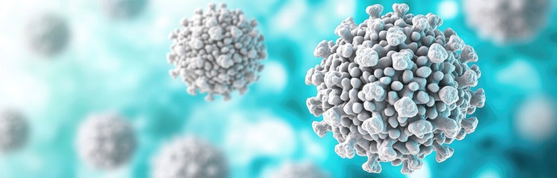White virus cells, teal bokeh backdrop - Powered by Adobe