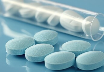 Pills spilling from tube, blue background, white oval shapes