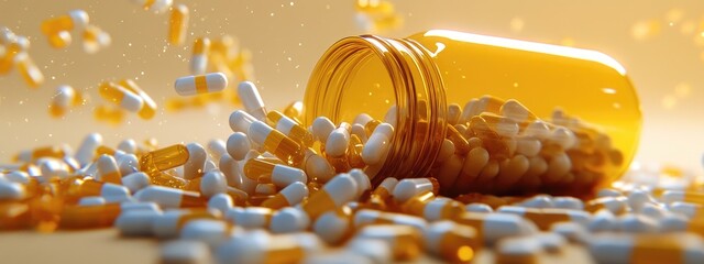 Pills spill from amber bottle