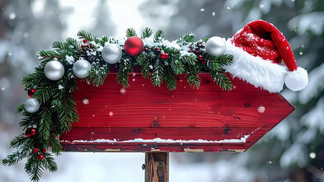Festive red wooden signpost adorned with snowy Christmas decor, evergreen branches, baubles, and a Santa hat, set against a winter wonderland background.