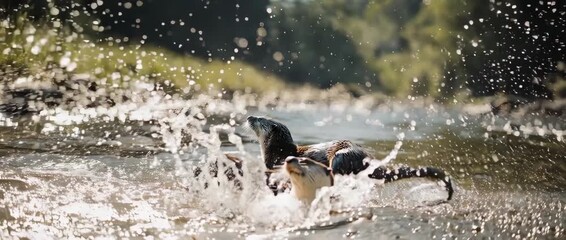 A heartwarming slow-motion video of two cute otters playing joyfully in a sun-dappled river. This charming scene captures the playful spirit of wildlife and pure, natural happiness.