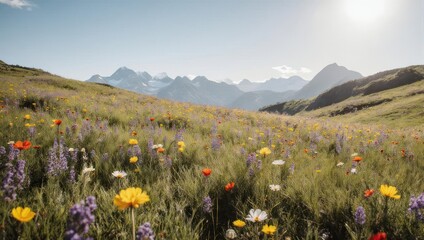 Lush meadow of wildflowers slopes towards distant snow-capped mountains under a bright sun