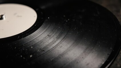 Obraz premium Macro shot of a black vinyl record with white label, showing dust & grooves