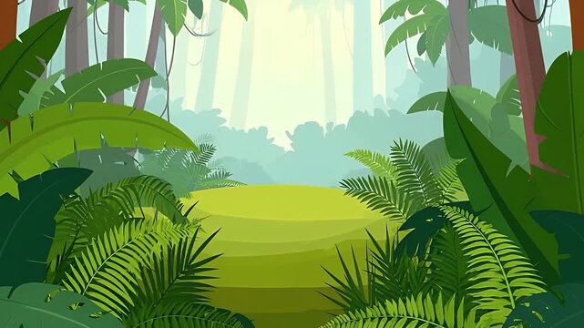 Vibrant tropical jungle illustration. Cartoon rainforest background with lush green foliage, towering trees, and a bright clearing. Nature scene.