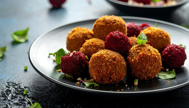 Crispy, golden-brown food balls, studded with beetroot relish, sit atop a dark plate, garnished with fresh greens.