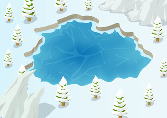 Isometric lake in winter with snowy trees