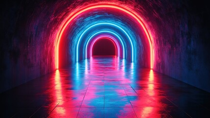 Red and Blue Arched Light Tunnel: Futuristic Architectural Passage with Symmetrical Reflections for Sci-Fi Films, Music Videos and Virtual Reality Scenes