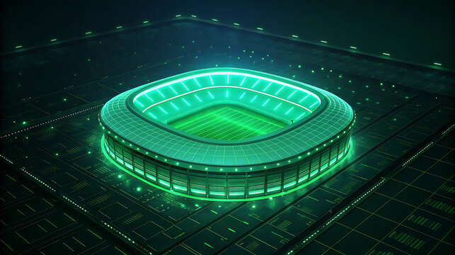 Glowing green holographic football stadium on digital circuit board
