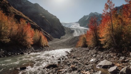 Majestic mountain scenery featuring a glacier, river, colorful trees, and imposing cliffs