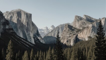 Majestic mountains tower over a deep valley filled with trees under a clear, blue sky