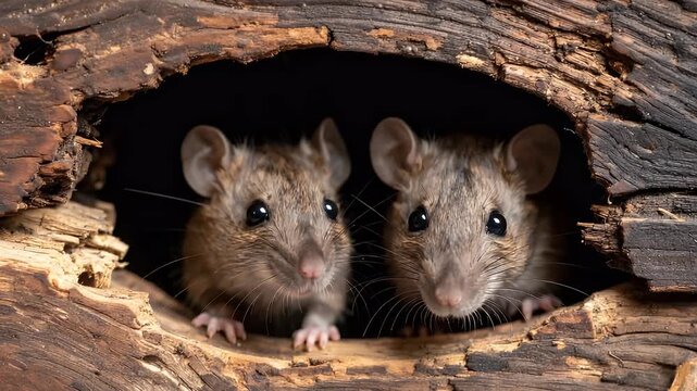 Two curious little mice peek out from a dark wooden hole, their tiny faces and whiskers visible, conveying innocence and wonder.