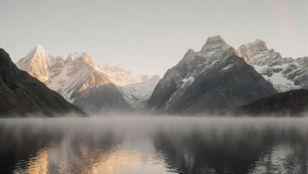 Misty mountain lake reflection with snow-capped peaks at dawn