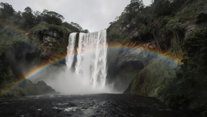Fototapeta premium Vibrant rainbow arches over a powerful waterfall amidst lush green forest and misty spray