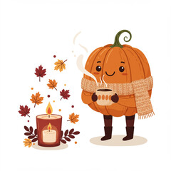 Fototapeta premium Cute Pumpkin Character with Coffee and Candle Vector Illustration — Cozy Autumn and Fall Season Concept