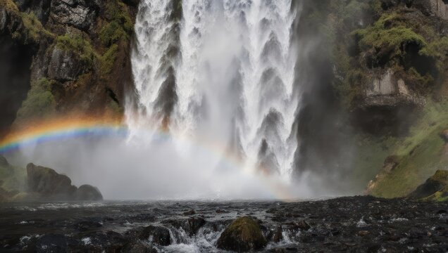 Majestic waterfall with vibrant rainbow in misty natural landscape