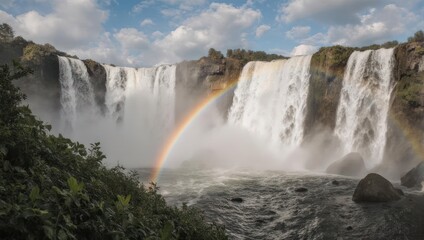 Fototapeta premium Majestic Waterfall with Vibrant Rainbow and Lush Greenery under a Cloudy Sky