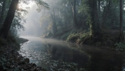 Misty River Through Forest with Sun Rays Breaking Through Canopy at Dawn