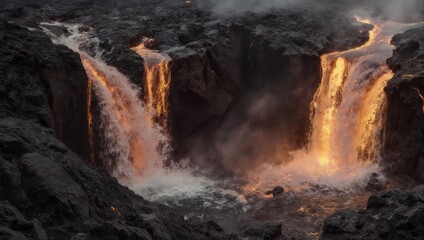 Glowing Lava Waterfalls: Incandescent molten streams cascading into a dark volcanic landscape, a dramatic natural spectacle.