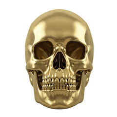 Obraz premium Shiny golden human skull 3d rendered object with realistic reflections isolated on transparent background