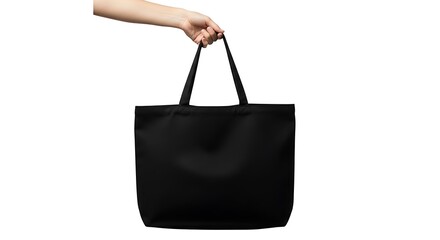 Hand holding a black tote bag isolated on white background