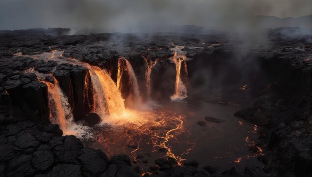 Dramatic volcanic lava waterfalls flowing into the ocean with steam, glowing molten rock, and a dark, smoky sky.