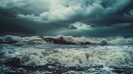 Naklejka premium Dark dramatic sea waves under heavy storm clouds, cinematic moody ocean background.