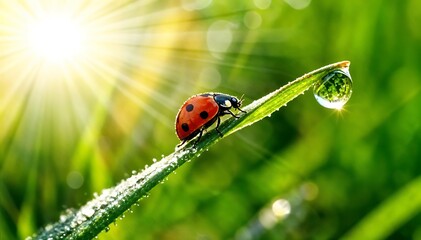 Red Ladybug Walking on Dewy Green Grass Blade in Bright Sunlight