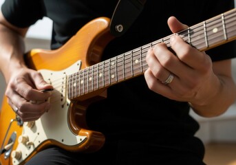 Obraz premium Close-Up Of A Focused Electric Guitar Player On A Shiny Sunburst Guitar During Practice
