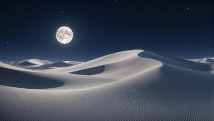 Fototapeta na wymiar Night scene shows white sand dunes under a full moon, with a starry dark sky