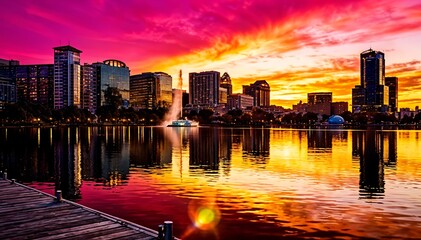 Fototapeta premium Vibrant City Skyline Reflecting on Calm Lake at Sunset