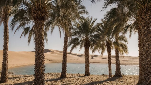 Oasis scene Palm trees frame a turquoise lake against a backdrop of rolling sand dunes under a clear sky