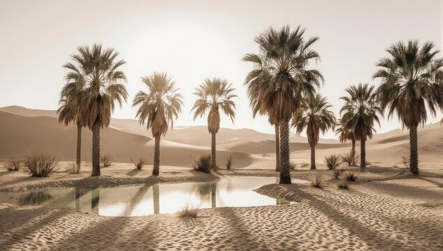 Oasis scene with palm trees surrounding a tranquil water source within vast desert dunes