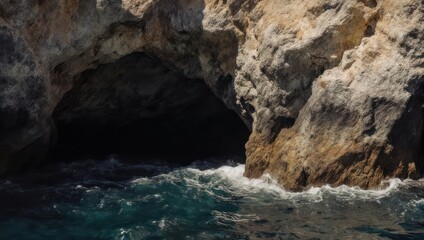 Ocean waves crash against a rocky cliffside, revealing a dark cave entrance