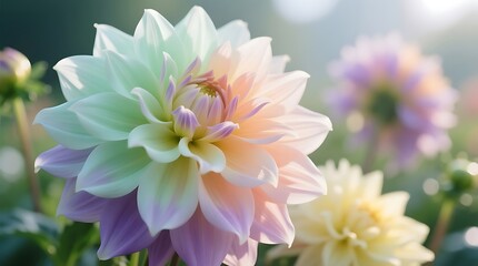 Fototapeta premium Vibrant Pastel Dahlia Flower with Soft Gradient Petals in Sunlight