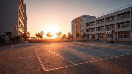 Obraz premium School building at sunrise with an empty playground bathed in soft morning light, evoking anticipation, new beginnings, and the spirit of learning, perfect for education and childhood lifestyle.