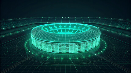 Glowing neon green wireframe football stadium sports arena