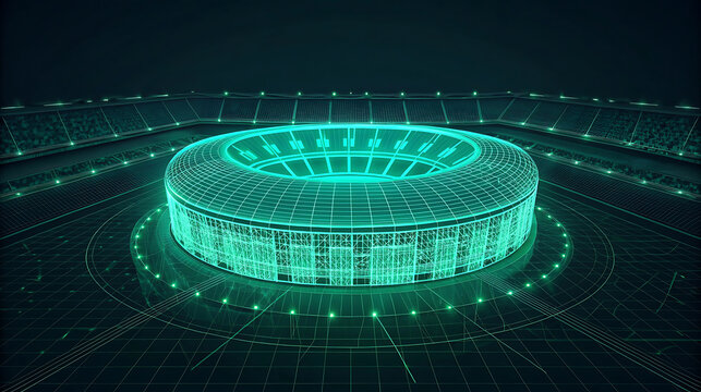 Glowing neon green wireframe football stadium sports arena
