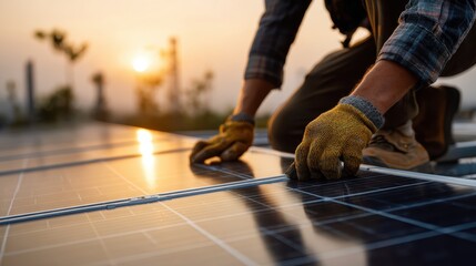 Fototapeta premium Construction worker wearing safety gloves installing solar panels on a residential rooftop while adjusting photovoltaic cells to support renewable energy transition and efficient home electricity use.