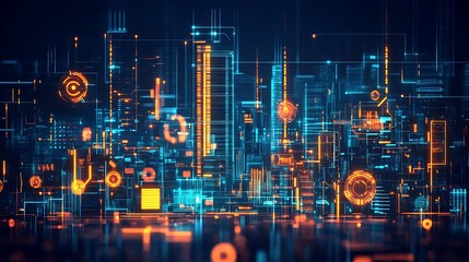 vibrant digital city glowing with neon lights intricate circuitry with futuristic atmosphere for advanced technology innovation modern urban design concept